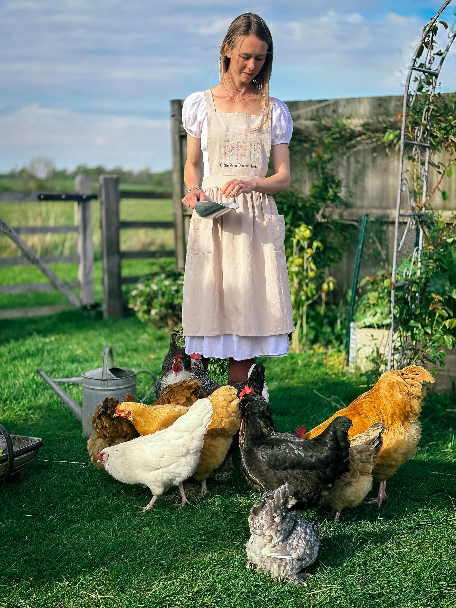 Embroidered Full of Grace Catholic Linen Apron Dress