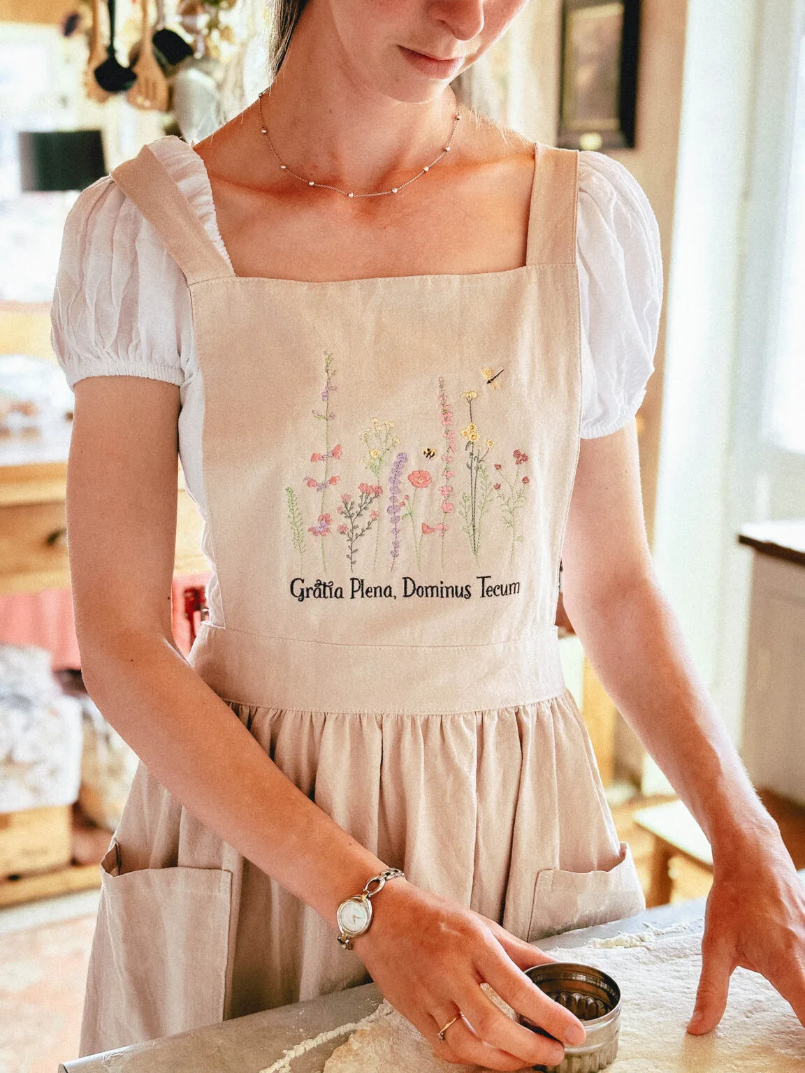 Embroidered Full of Grace Catholic Linen Apron Dress