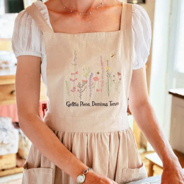 Embroidered Full of Grace Catholic Linen Apron Dress