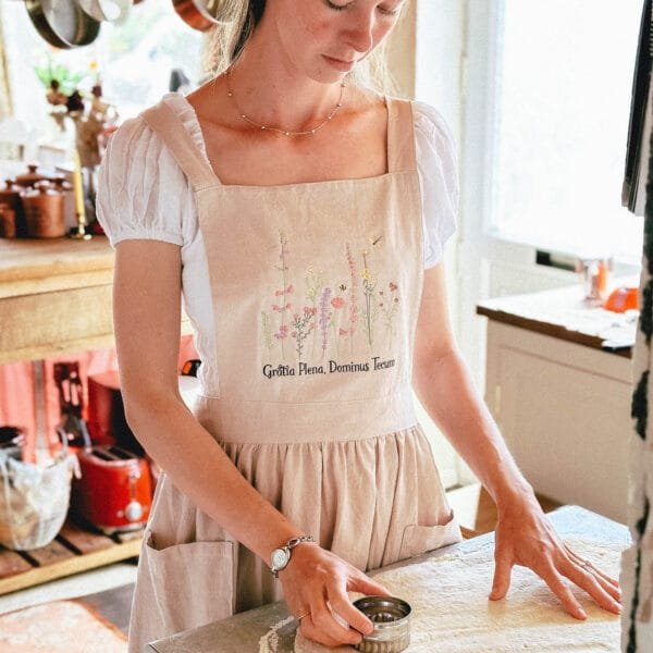 Embroidered Full of Grace Catholic Linen Apron Dress