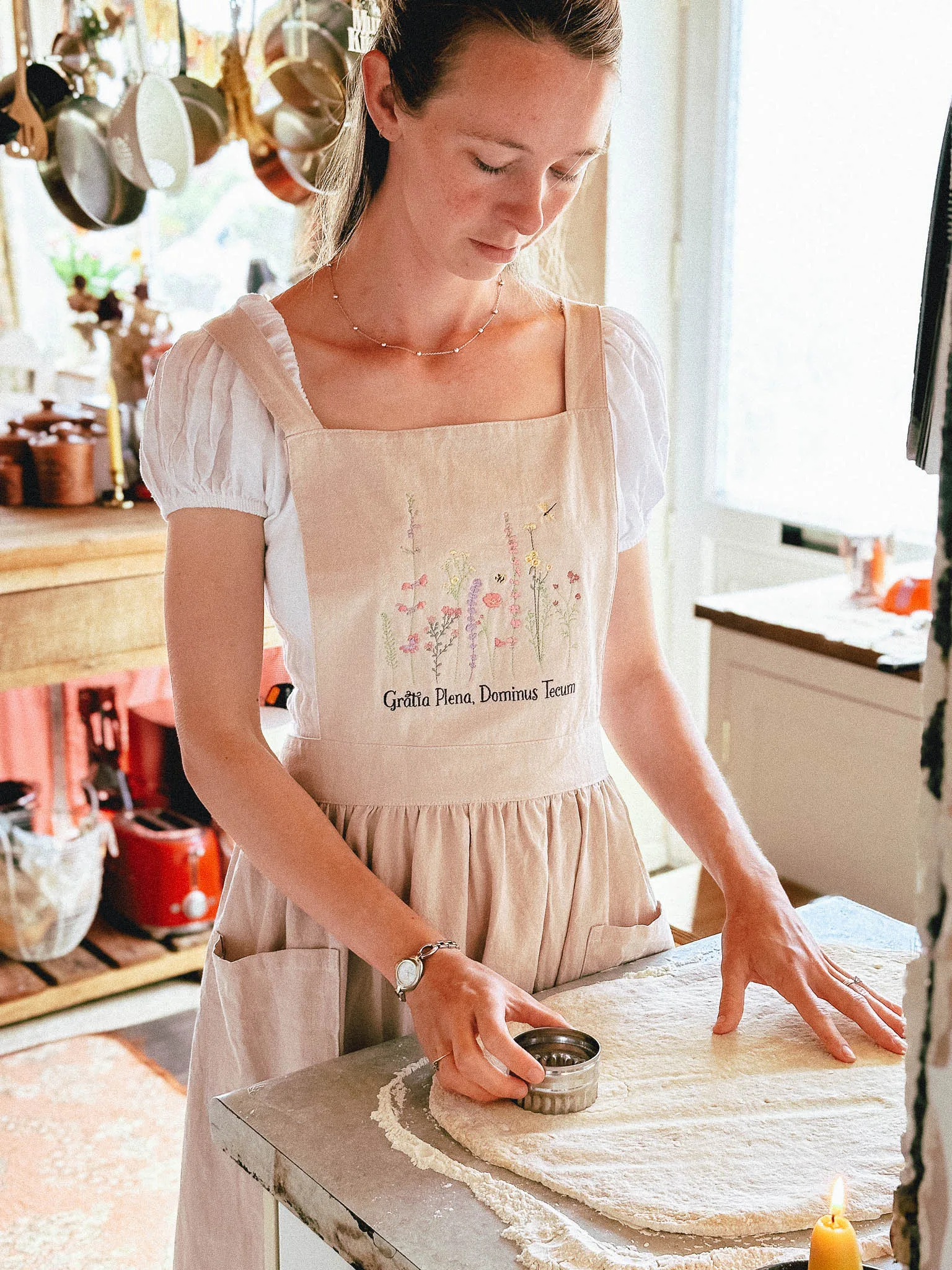 Embroidered Full of Grace Catholic Linen Apron Dress