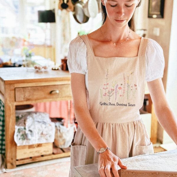 Embroidered Full of Grace Catholic Linen Apron Dress
