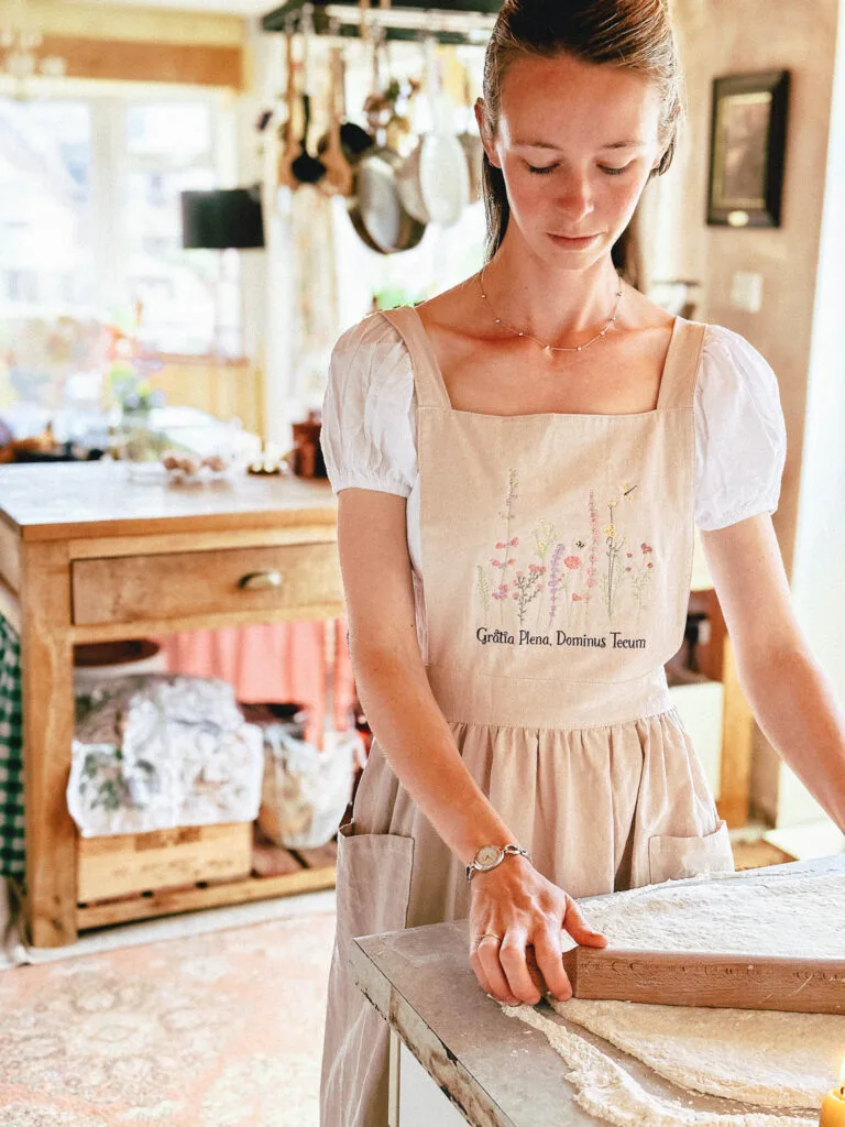 Embroidered Full of Grace Catholic Linen Apron Dress