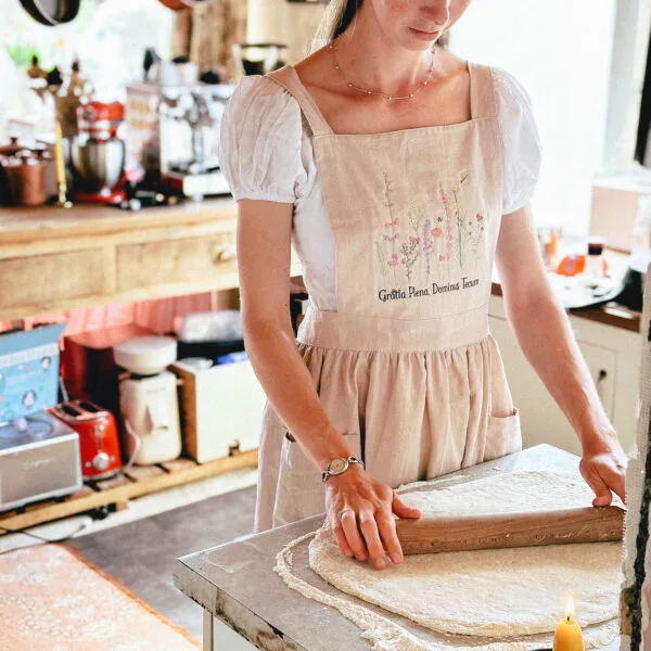 Embroidered Full of Grace Catholic Linen Apron Dress