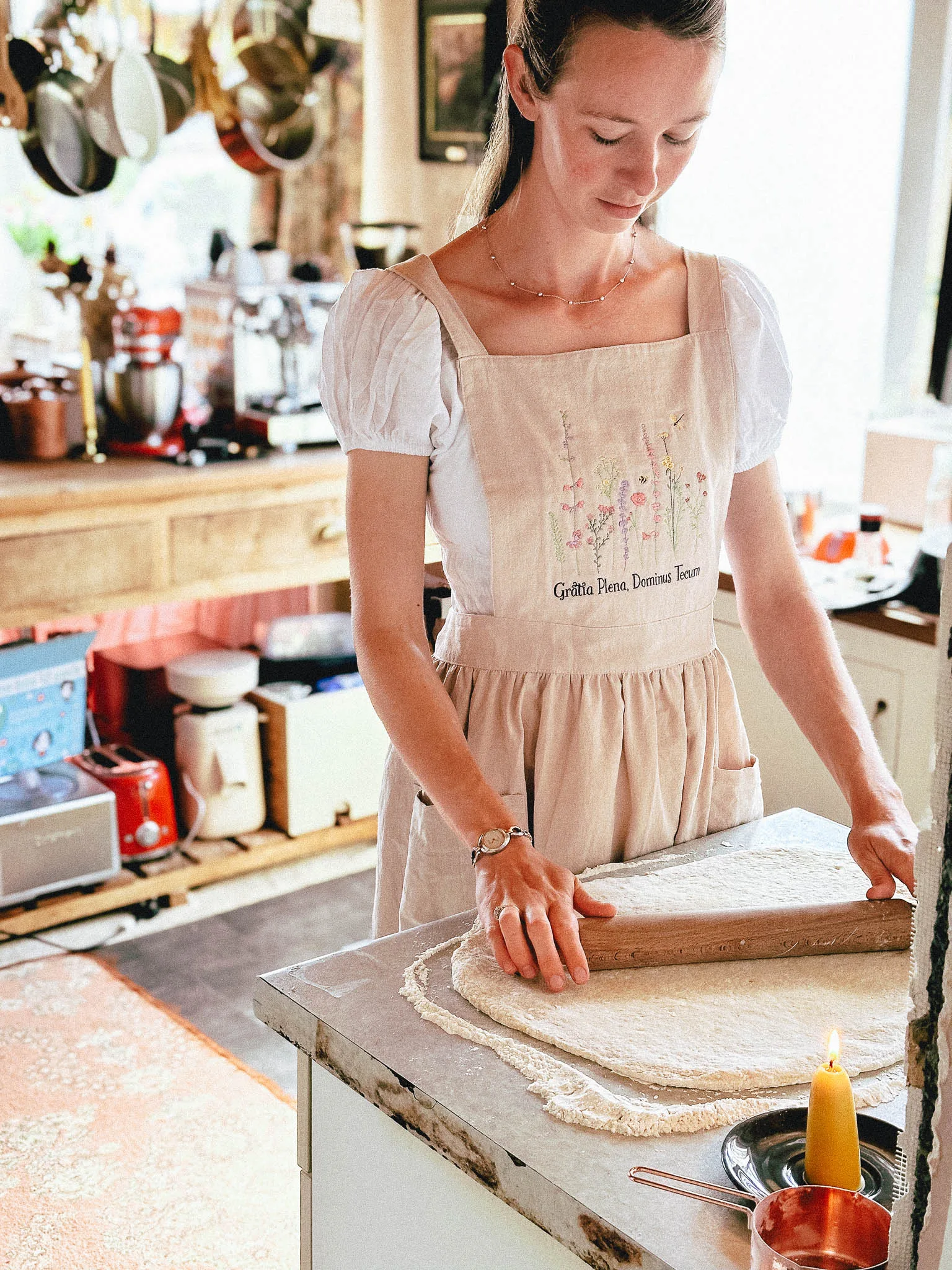 Embroidered Full of Grace Catholic Linen Apron Dress